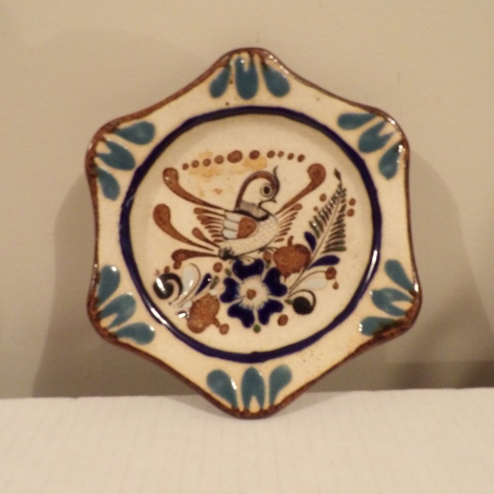 +Tonala Mexican Folk Art Pottery Plate Wall Hanging Mexico Bird Flowers 6.5"